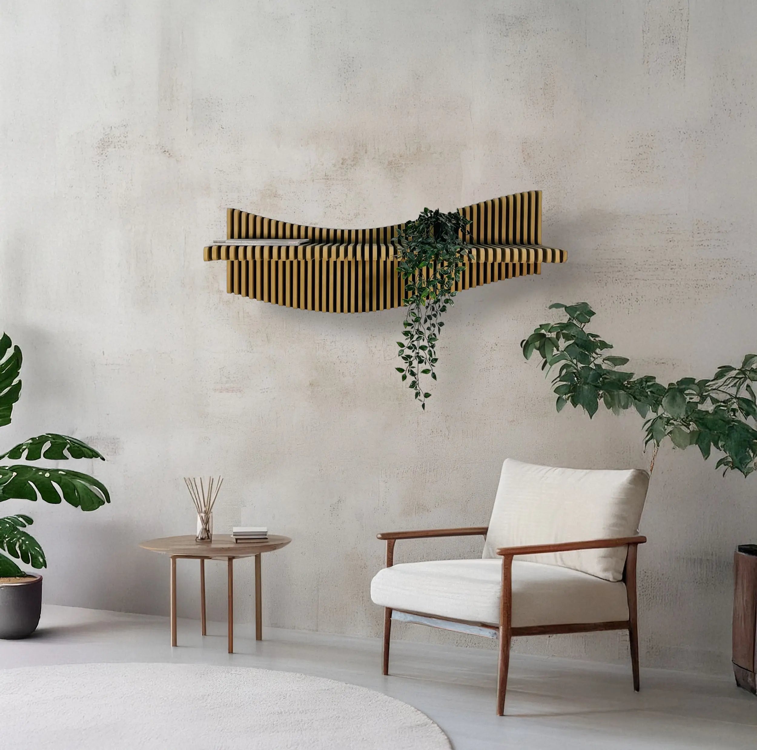 Modern interior with a white armchair, wooden side table, and decorative shelf against a light gray wall.